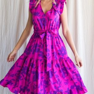 Purple Pink Floral V Neck Ruffle Sleeveless Midi Dress